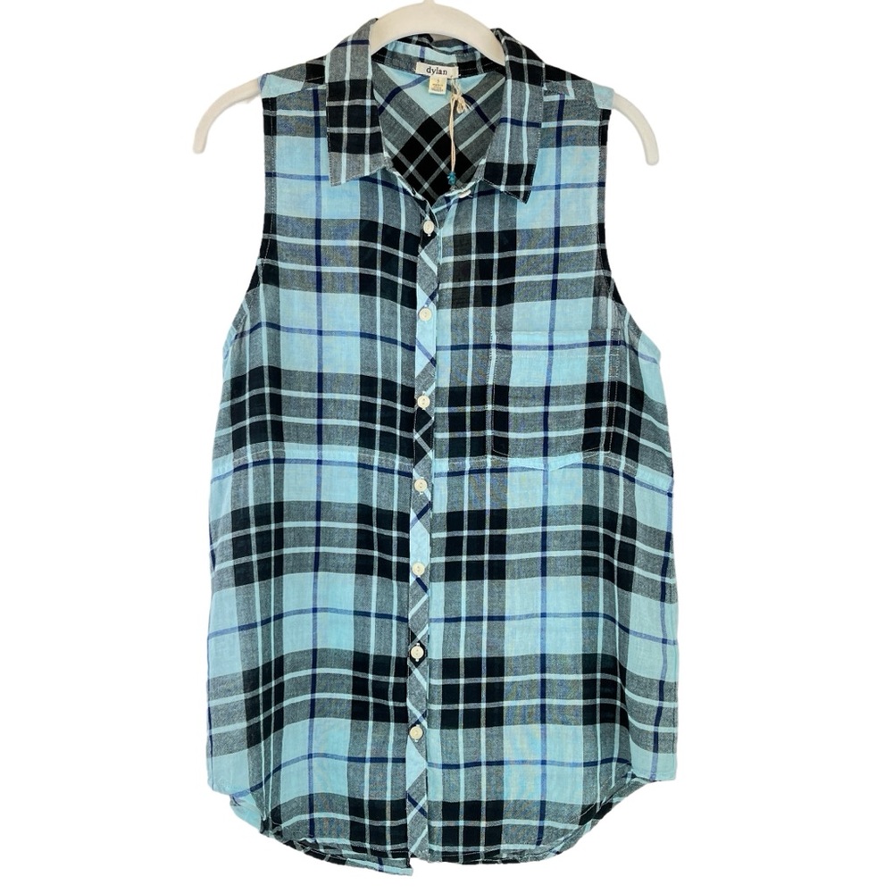 NEW Dylan Sleeveless Cotton Gauze Shirt Open Flyaway Back Blue Black Sz S NWT